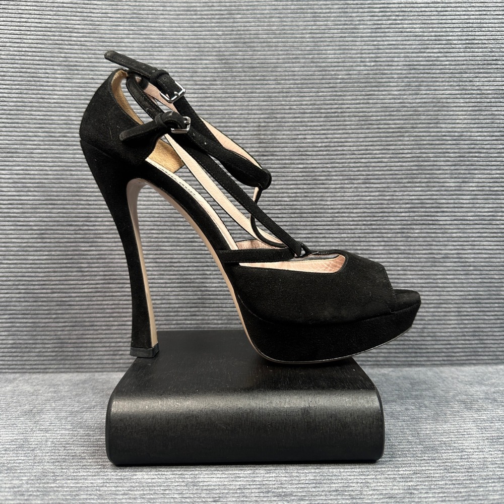 Miu Miu Black Suede Platform Sandals Peep Toe Multi Strap Heels Size 41 Italy
